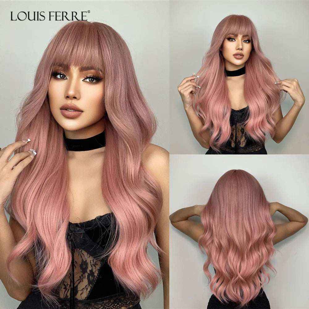LOUIS FERRE Long Wavy Ombre Brown Wig with Bangs Synthetic Hair Wig Heat Resistant Daily Wear Office Party Cosplay Halloween