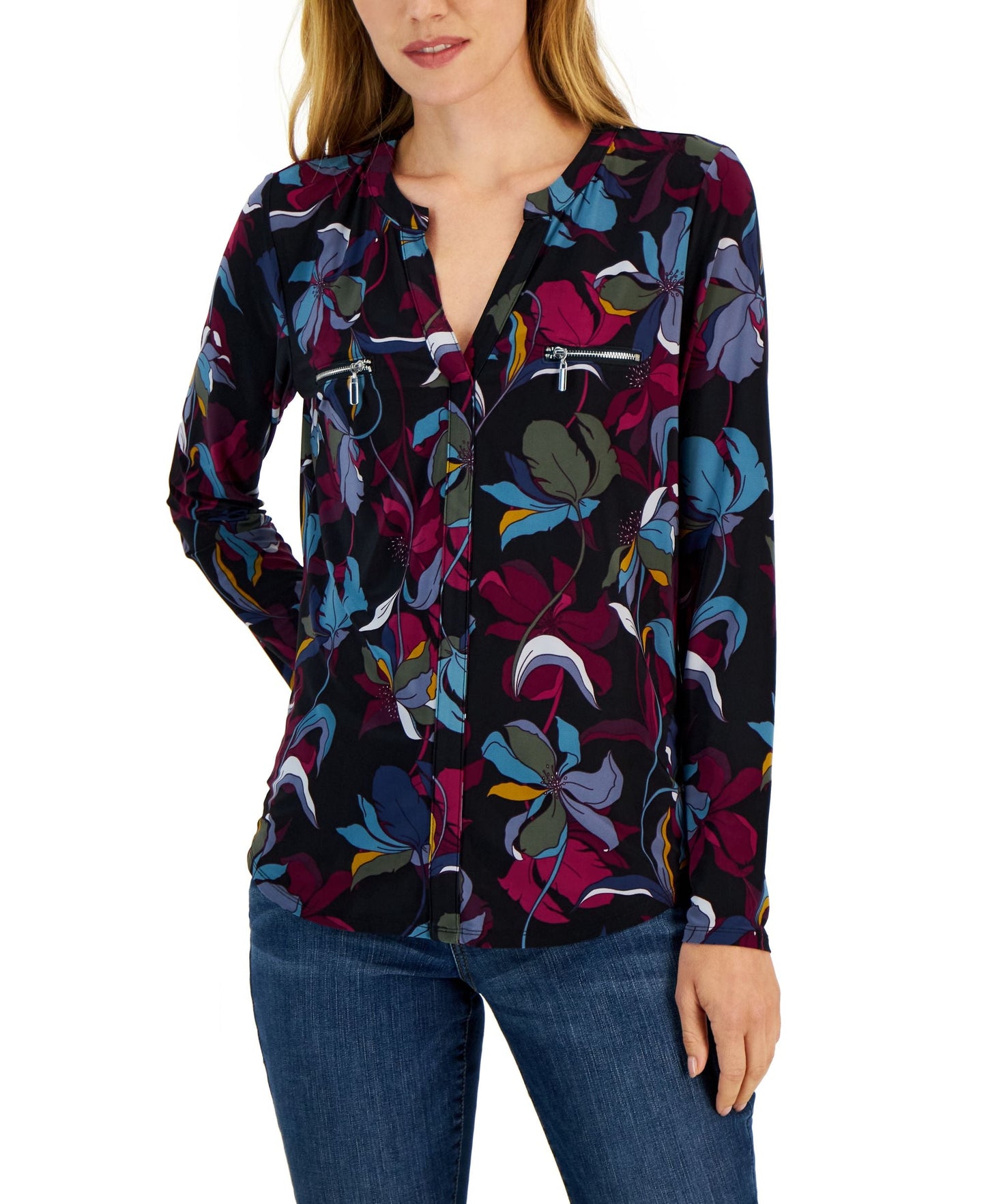 International Concepts Petite Split Neck Zippered Pocket Top