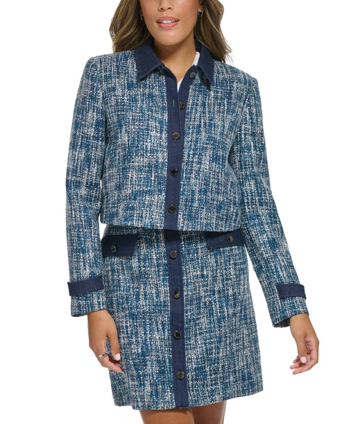 Petite Tweed Button-Front Cropped Blazer