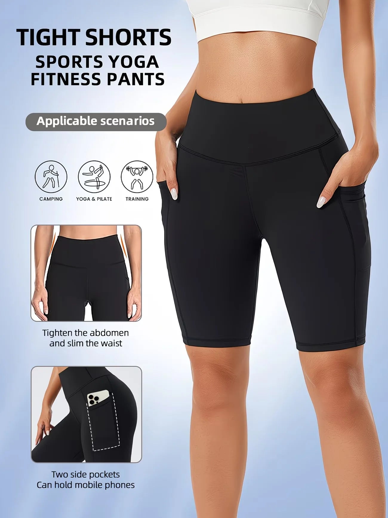 Summer High Waist Sports Shorts With Side Pockets Running Yoga Capris Trousers Fashion Sports Fitness Pants Elastic Leggings
