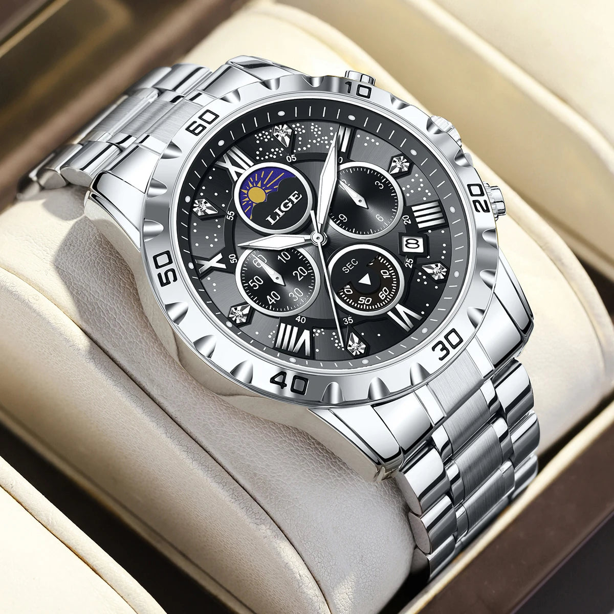 LIGE Top Brand Luxury Quartz Man Watch Casual Sport Waterproof Stainless Luminous Chronograph 24H Moon Phase Watches for Men+Box