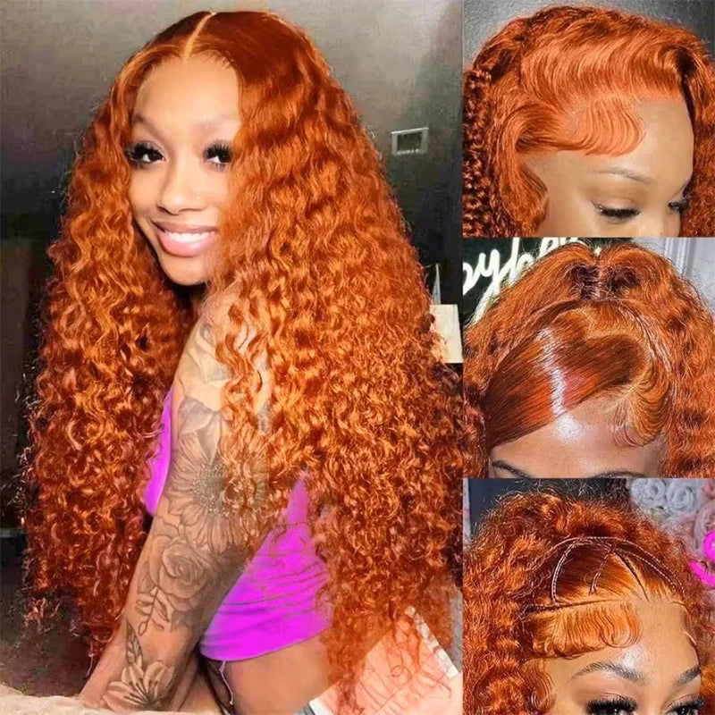 220% Density Ginger Orange Water Wave #350 Colored 13x6 HD Transparent Lace Front Wig Human Hair Deep Curly Wigs Pre Plucked