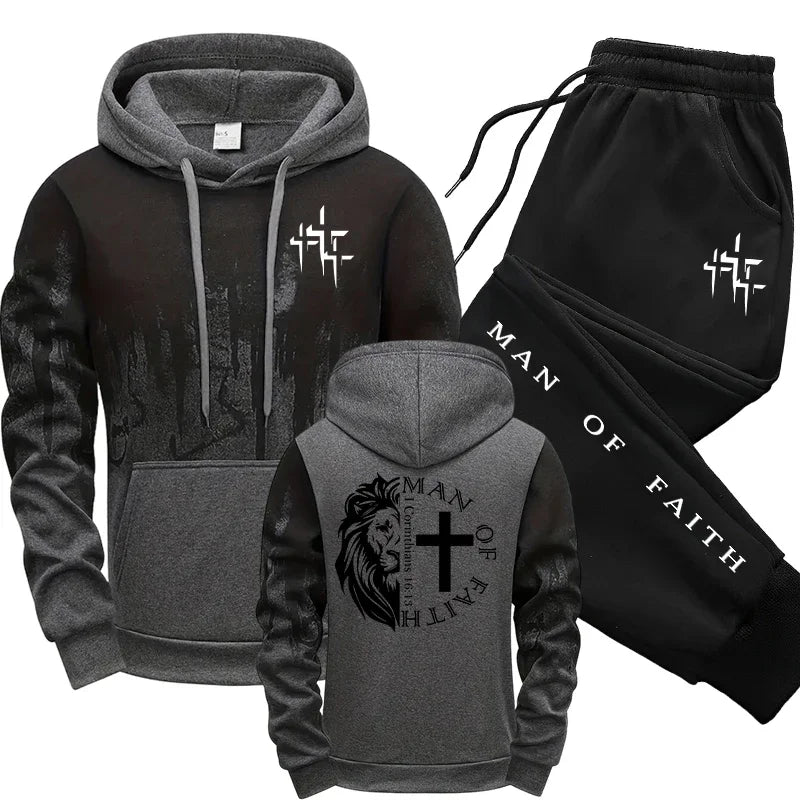 Man of Faith Pattern Men's Set Hooded Sweatshirt and Black Sweatpants Fall Winter Daily Casual Sports Jogger Suit Hoodie Outfits