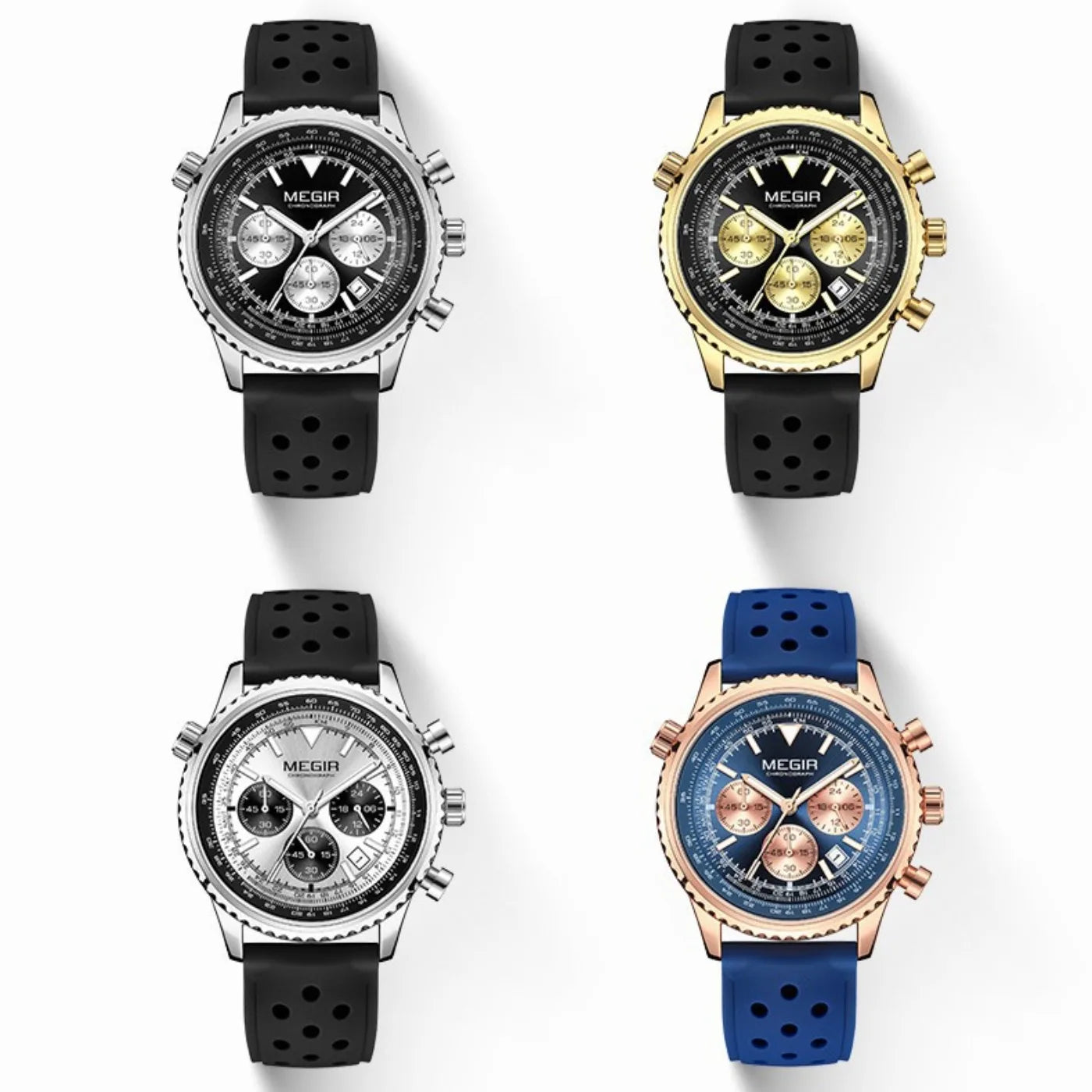 MEGIR Silver Black Quartz Watch Men Military Sport Chronograph Wristwatch with Silicone Strap Luminous Hands Auto Date 2236