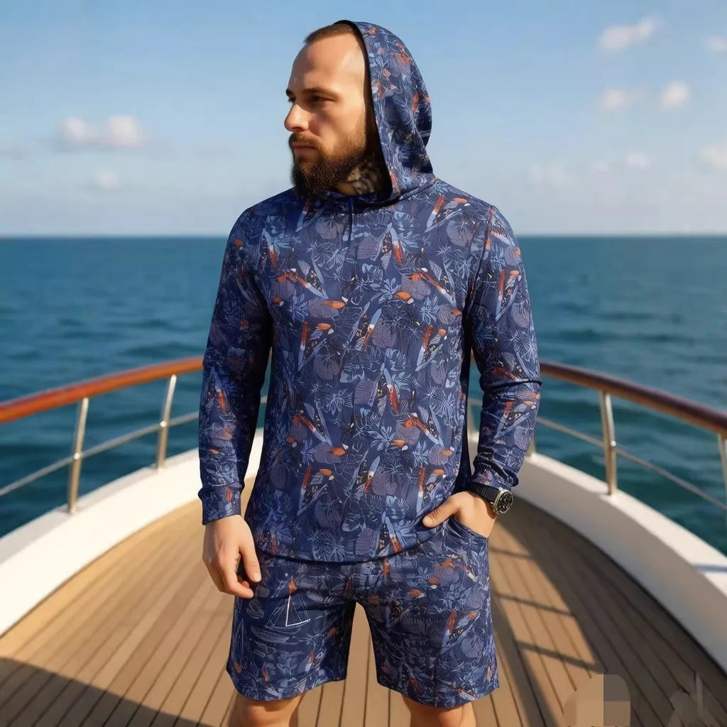 2026 New Camouflage Print Unisex Hooded Two Piece Set Long Sleeve Shirt Shorts Breathable Loose Summer Beach Streetwear Casual W