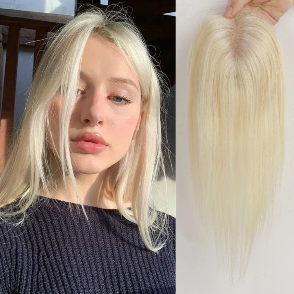 Brown Mixed Blonde Human Hair Toppers Middle Part 100% Remy Human Hair Straight Lace Base Clip in Hairpieces for Women Loss Hair