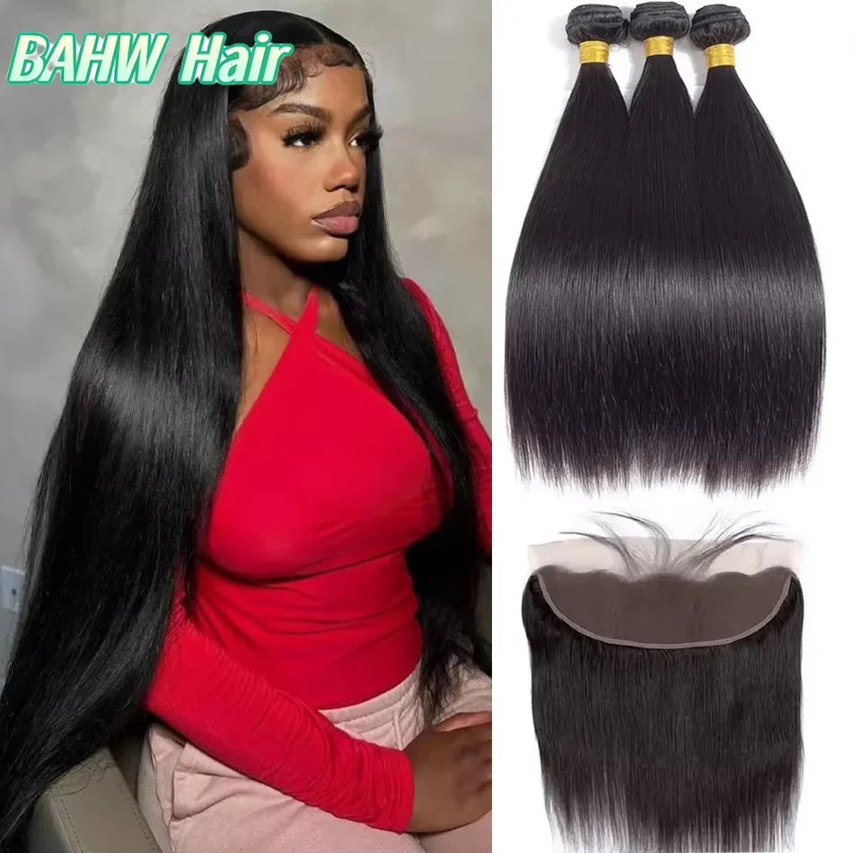 13x4 Transparent  Lace Frontal with Bundles Brazilian Virgin Human Hair With Lace Front Straight Hair Extension Natural Black