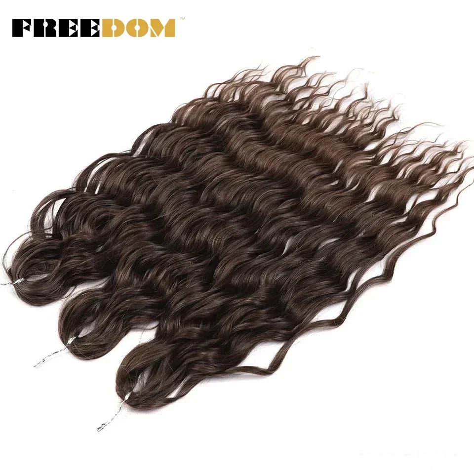 FREEDOM Synthetic Curly Braiding Hair Extensions 24 Inch/60 cm Long Deep Wavy Twist Crochet Braids Hair Ombre Brown Rainbow Hair