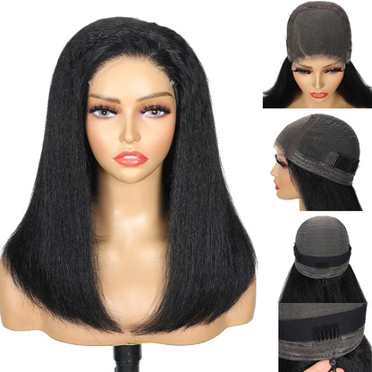 100% Human Hair Kinky Straight 5X5 HD Lace Closure Wigs PrePlucked 200% Density Yaki Straight 13x6 HD Glueless Lace Front Wigs