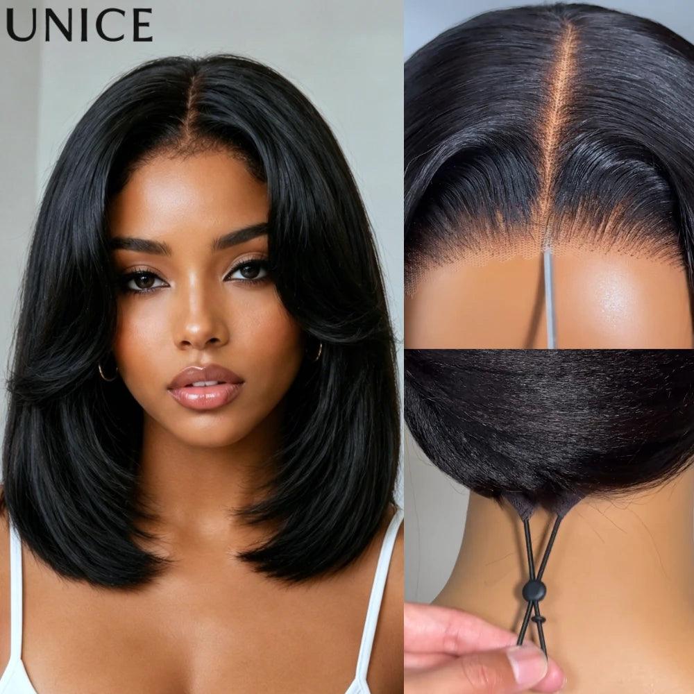 UNice Layered Cut Straight Bob Wig With Curtain Bang No-Slip 7x5 Lace Pre Cut Pre Bleached Glueless Wig Human Hair Ready To Wear