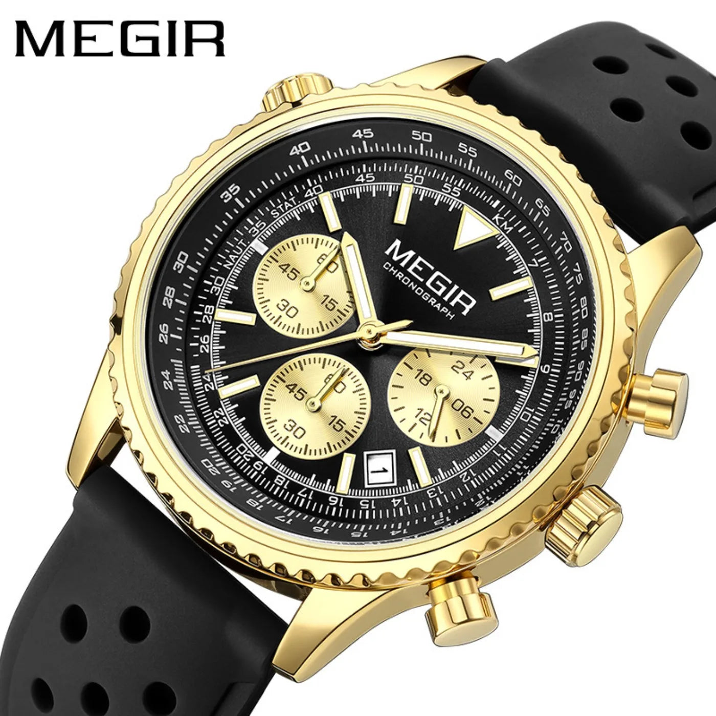 MEGIR Silver Black Quartz Watch Men Military Sport Chronograph Wristwatch with Silicone Strap Luminous Hands Auto Date 2236