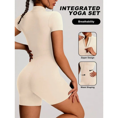 developed 1pc Solid Color Women's Sport Zip-up Stand-up Collar Casual Bodysuit Jumpsuit, Short Sleeves, Zipper Design