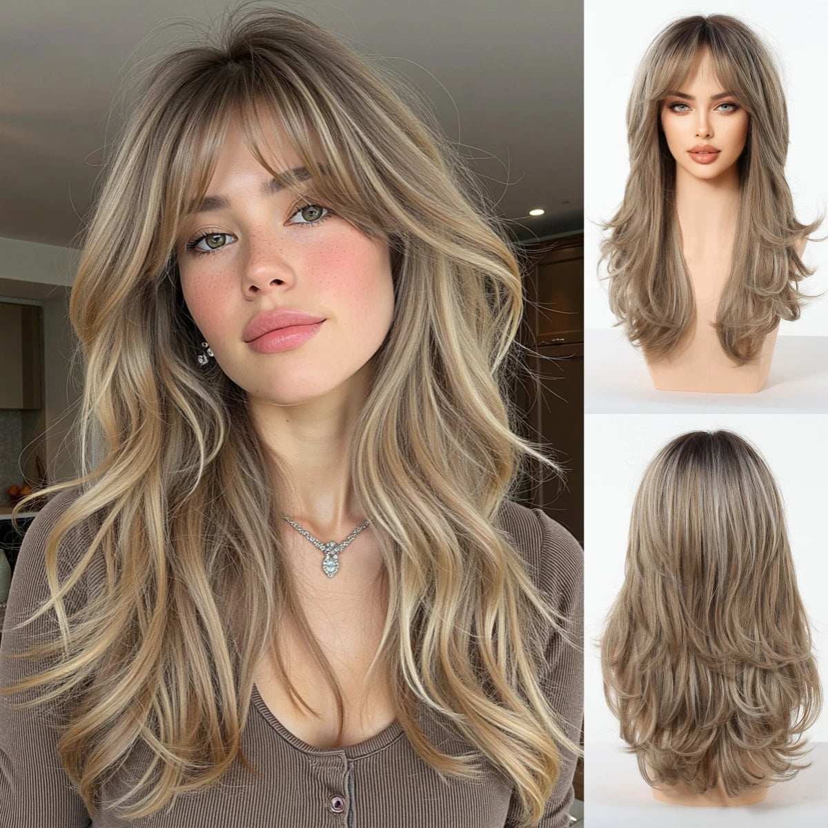 LOUIS FERRE Long Wavy Ombre Brown Wig with Bangs Synthetic Hair Wig Heat Resistant Daily Wear Office Party Cosplay Halloween