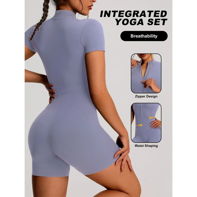 developed 1pc Solid Color Women's Sport Zip-up Stand-up Collar Casual Bodysuit Jumpsuit, Short Sleeves, Zipper Design