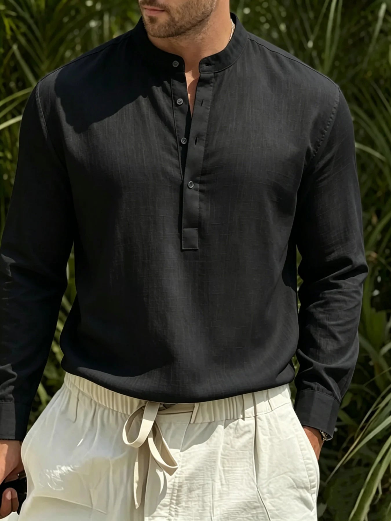 Men Cotton Linen Stand Collar Henley Long Sleeve Shirt Half Button Textured Casual Summer Top