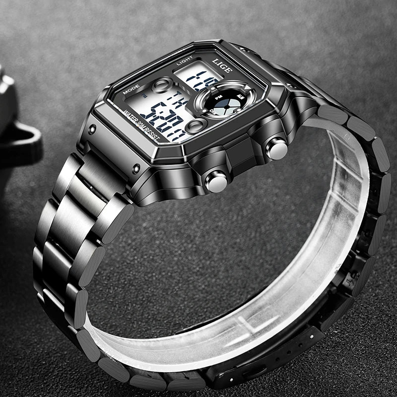 LIGE Fashion Casual Electronic Man Watch Sports Waterproof Luminous Alarm Stainless Steel Band Digital Men's Watches Chronograph