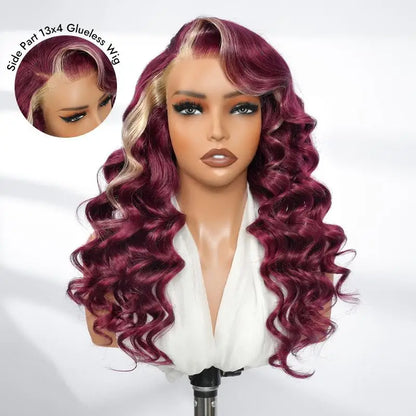Alipearl Hair Side Part 13x4 Burgundy 99J Wig with Blonde Ombre Human Hair Lace Frontal Wig Ocean Wave Glueless Wig Pluck