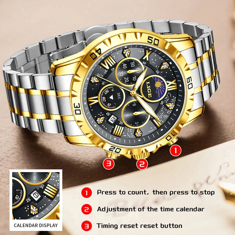 LIGE Top Brand Luxury Quartz Man Watch Casual Sport Stainless Luminous Waterproof Chronograph 24H Moon Phase Watches for Men+Box
