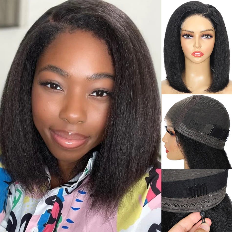 100% Human Hair Kinky Straight 5X5 HD Lace Closure Wigs PrePlucked 200% Density Yaki Straight 13x6 HD Glueless Lace Front Wigs
