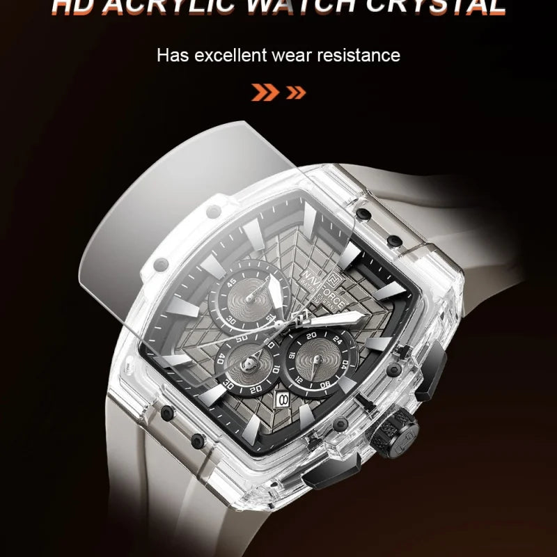NAVIFORCE Mens Sport Watches 5ATM Waterproof Chronograph Tonneau Silicone Strap Luminous Casual Quartz Male Wristwatch Gifts box