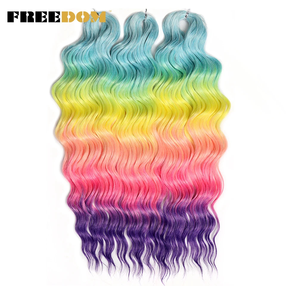 FREEDOM Synthetic Curly Braiding Hair Extensions 24 Inch/60 cm Long Deep Wavy Twist Crochet Braids Hair Ombre Brown Rainbow Hair