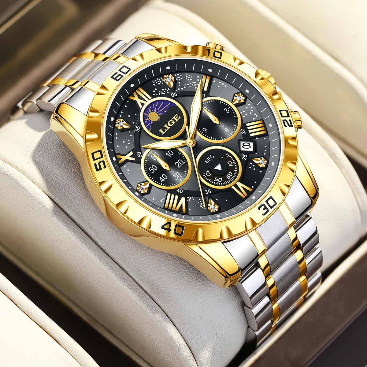 LIGE Top Brand Luxury Quartz Man Watch Casual Sport Waterproof Stainless Luminous Chronograph 24H Moon Phase Watches for Men+Box