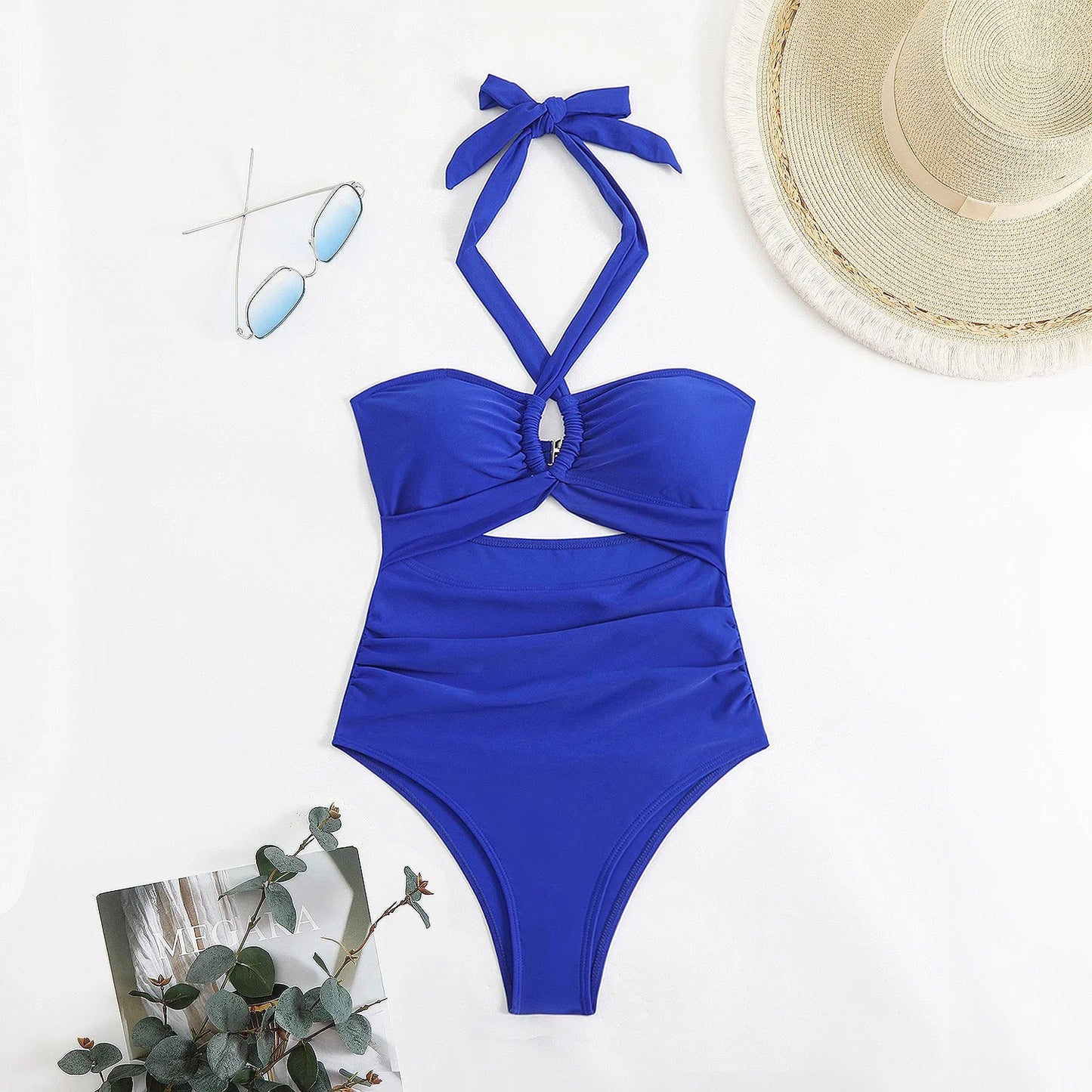 Women Swimsuit Halter Neck Solid Swimsuit Backless Waist Cinching Bathing Suit Ruched Bust High Cut Swimwear Black Woman