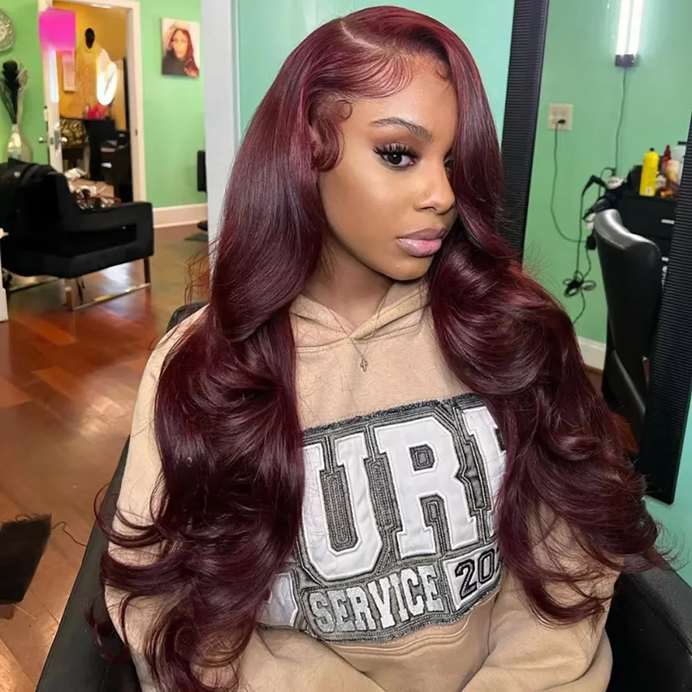 99J Burgundy Red 34 Inch Body Wave Lace Front Wigs 13x4 HD Transparent Human Hair Pre Plucked Dark Burgundy 99J Colored Wig 13x6 Lace  Wigs Pre-Plucked Body Wave Hairstyle For Women