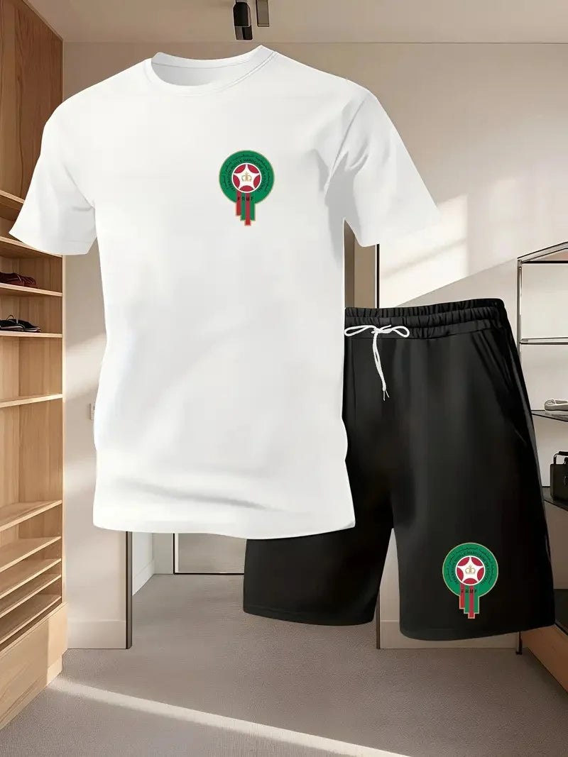 Youth Men's Fashionable Casual Sports Two-Piece Set Print Summer Short-Sleeved T-Shirt And Shorts Ensemble