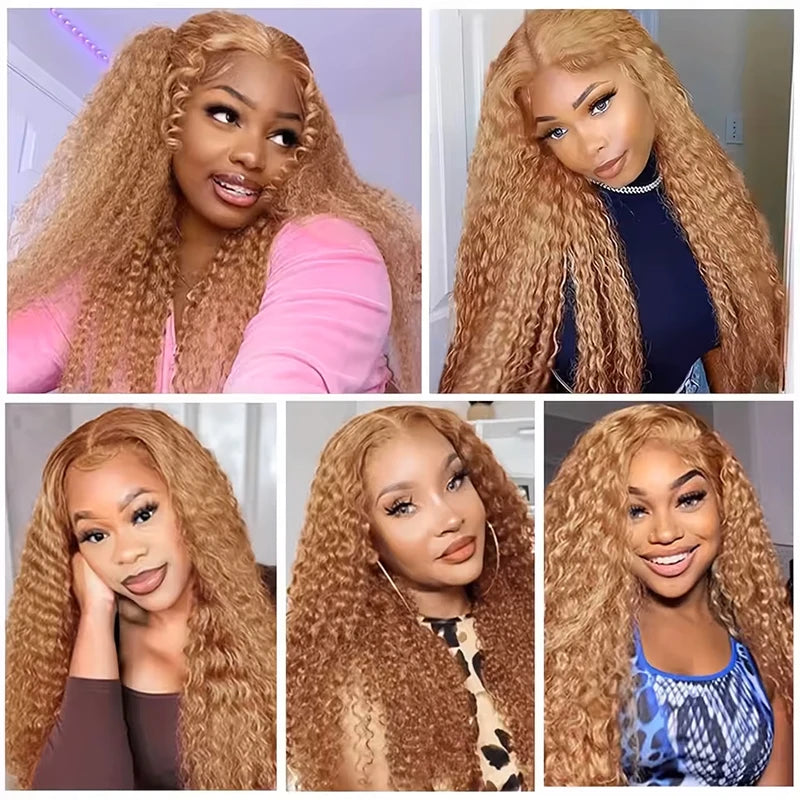 Honey Blonde Deep Wave Wigs Human Hair 13x6 HD Transparent Lace Frontal Wig 220% Density 27 Colored Curly Wigs For Women 36 Inch