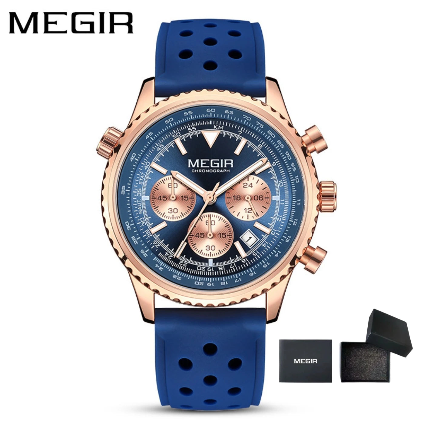 MEGIR Silver Black Quartz Watch Men Military Sport Chronograph Wristwatch with Silicone Strap Luminous Hands Auto Date 2236