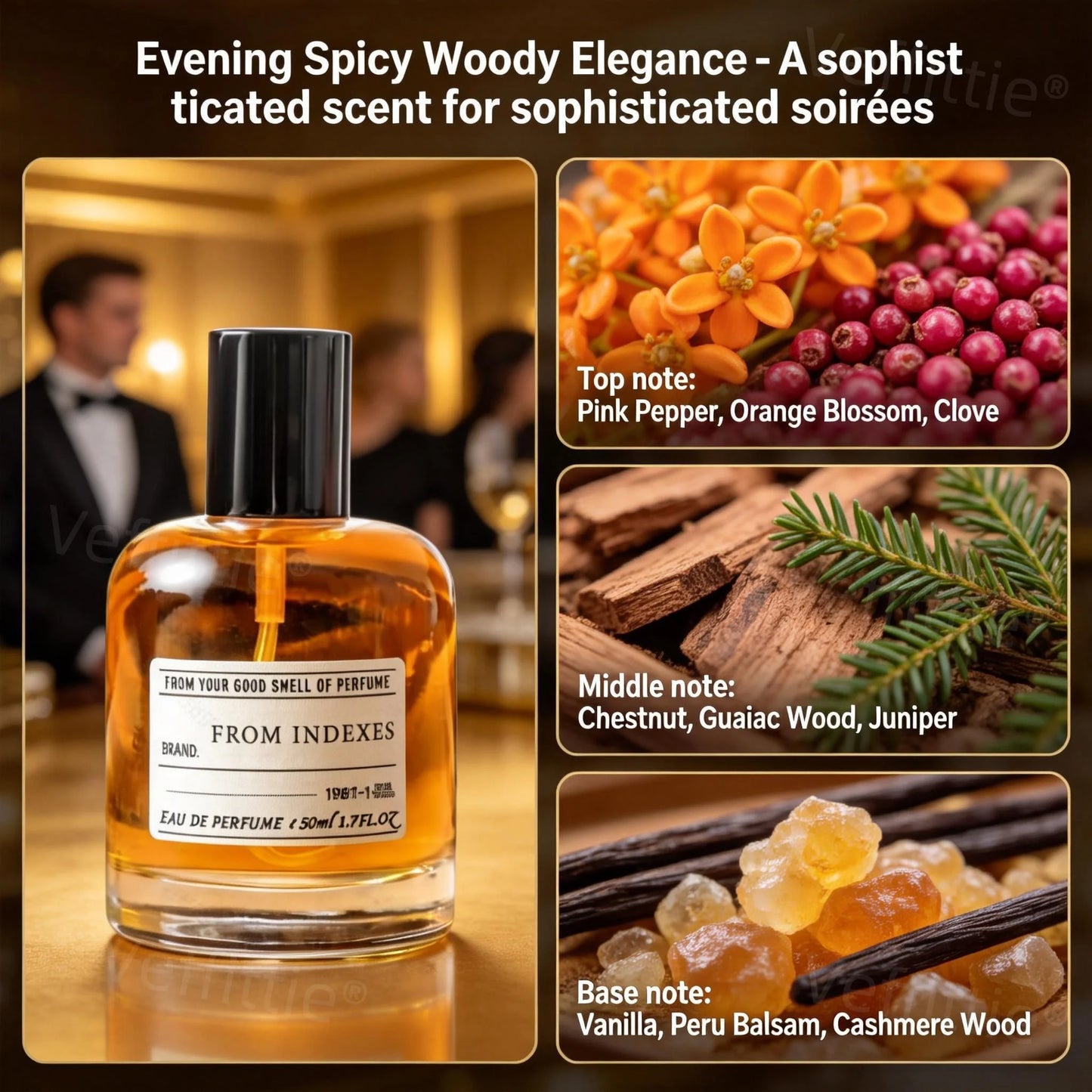Executive Spicy Wood Eau De Parfum 1.7oz, Woody Citrus Blend Amber Bottle, Office Formal Aroma, Professional Wear, All Day Fresh