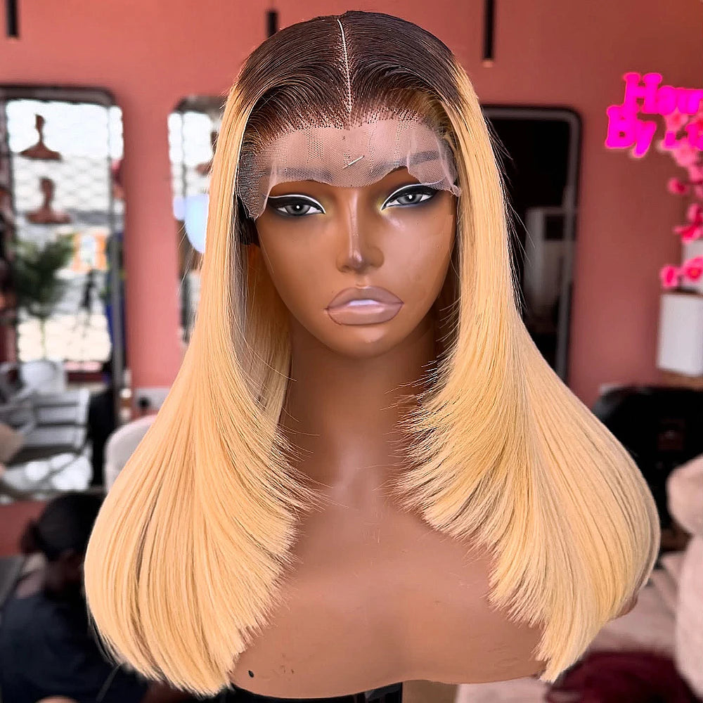 180/250 Density Ombre #613 Color 13x6 HD Transparent Lace Frontal Layered Wig Remy Brazilian Human Hair Pre Plucked Straight Wig