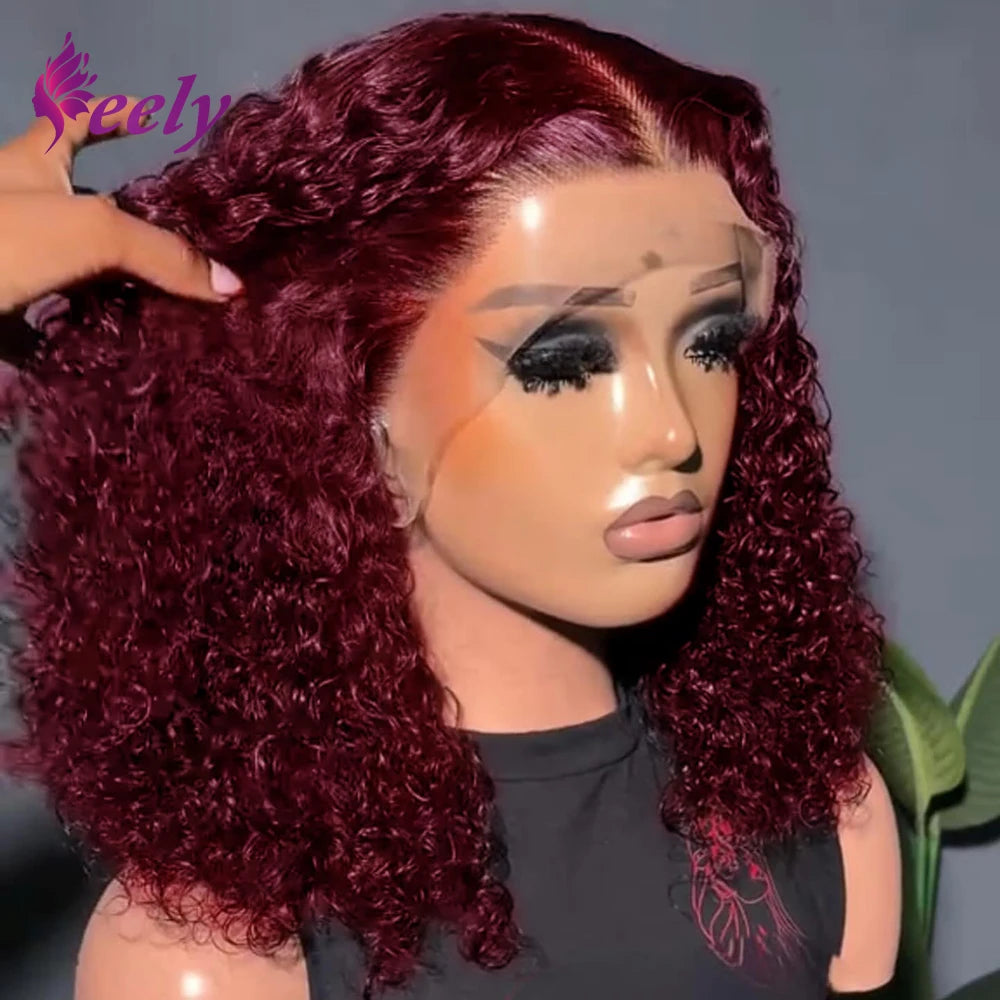 99J Burgundy Color Deep Wave Short Bob Human Hair Wigs 13x4 Lace Front Wig 10-16 Inch 100% Human Hair Curly Bob Wig 250% Density