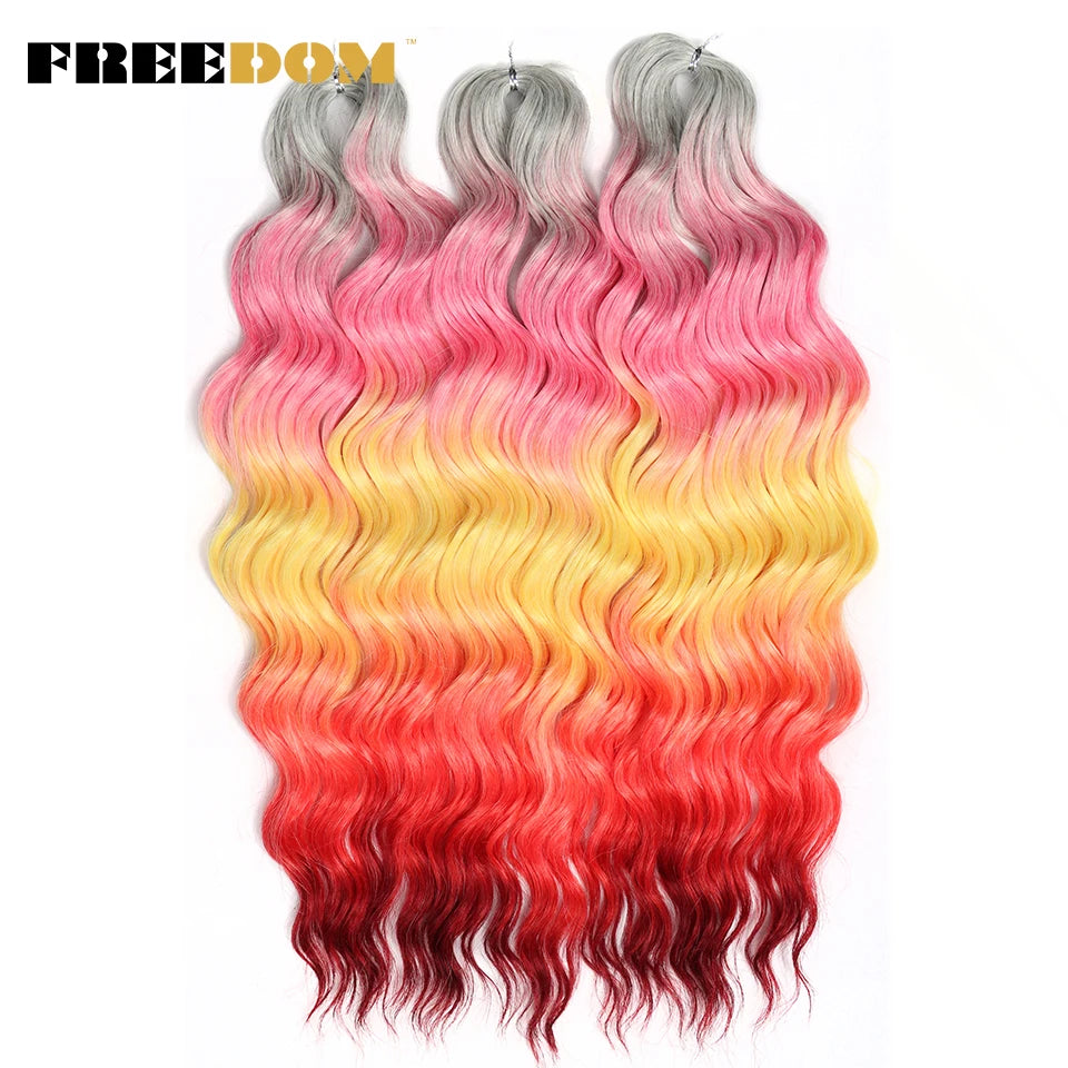 FREEDOM Synthetic Curly Braiding Hair Extensions 24 Inch/60 cm Long Deep Wavy Twist Crochet Braids Hair Ombre Brown Rainbow Hair