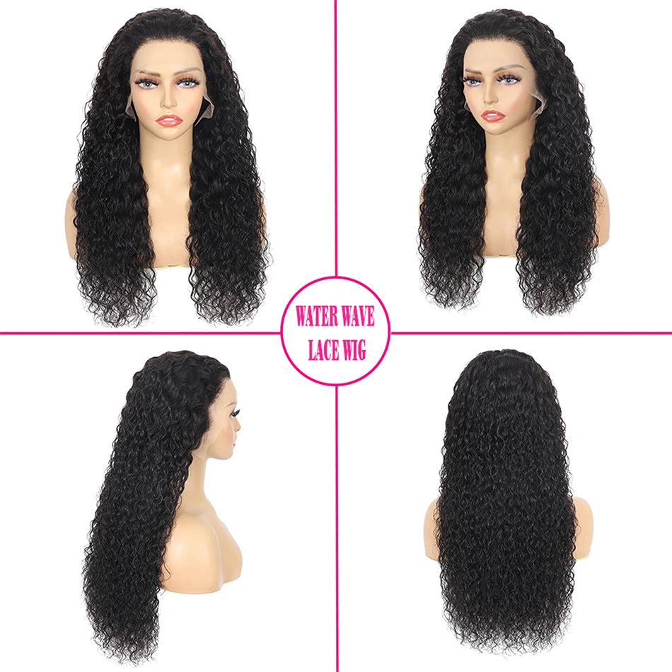 100% Brazilian Human Hair 13x6 Water Wave HD Lace Front Wig 180% Density Glueless Pre Plucked Deep Curly 5x5 HD Lace Closure Wig
