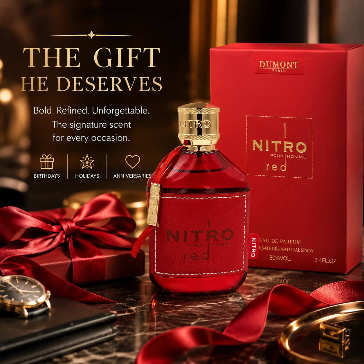 Dumont Nitro Red Pour Homme Eau de Parfum for Men, 3.4 Fl Oz / 100ml, Bold Masculine Fragrance Spray with Red Bottle and Gift Box for Daily Wear, Date Night and Special Occasions