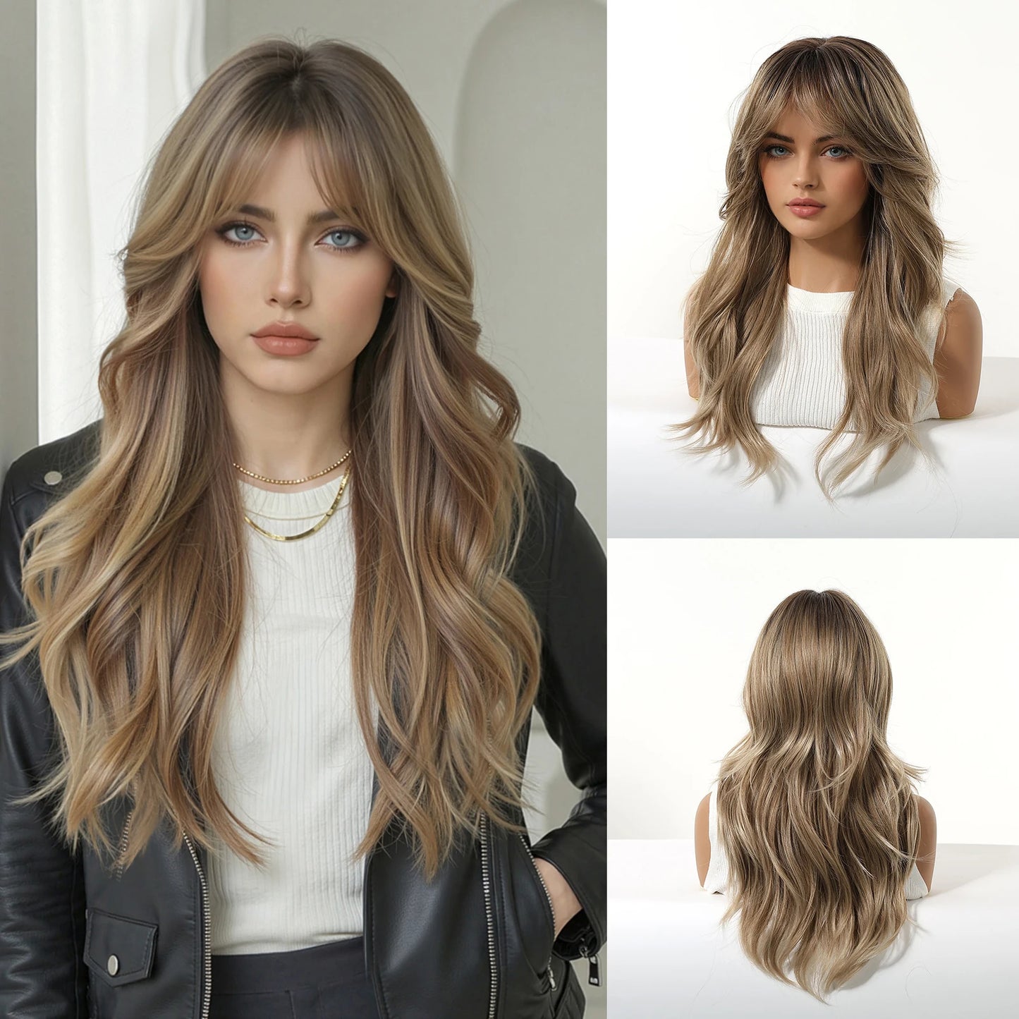 LOUIS FERRE Long Wavy Ombre Brown Wig with Bangs Synthetic Hair Wig Heat Resistant Daily Wear Office Party Cosplay Halloween