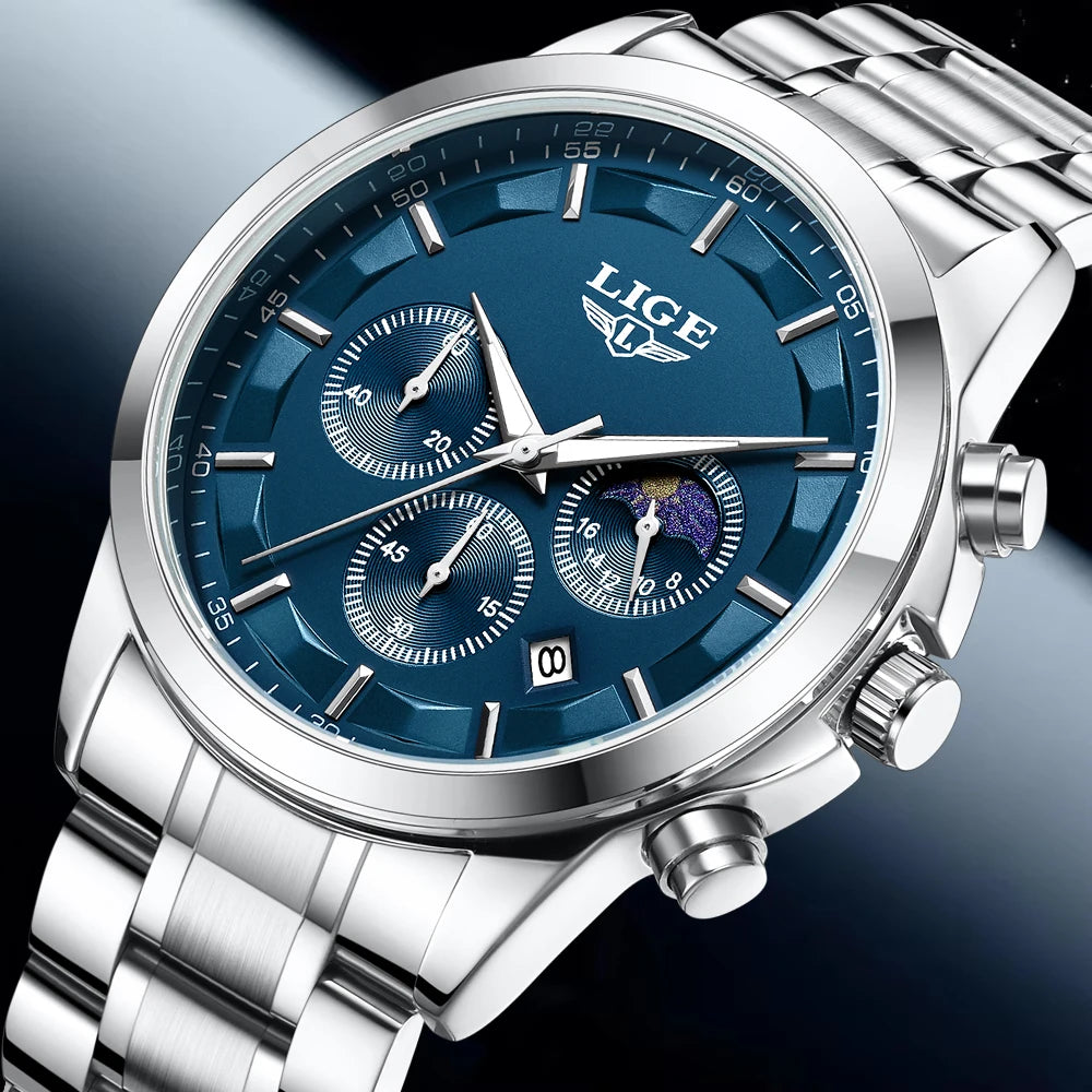 LIGE Luxury Fashion Quartz Man Watch Classic Business Auto Date Gentlemen Steel Band Moon Phase Waterproof Watches for Men Male