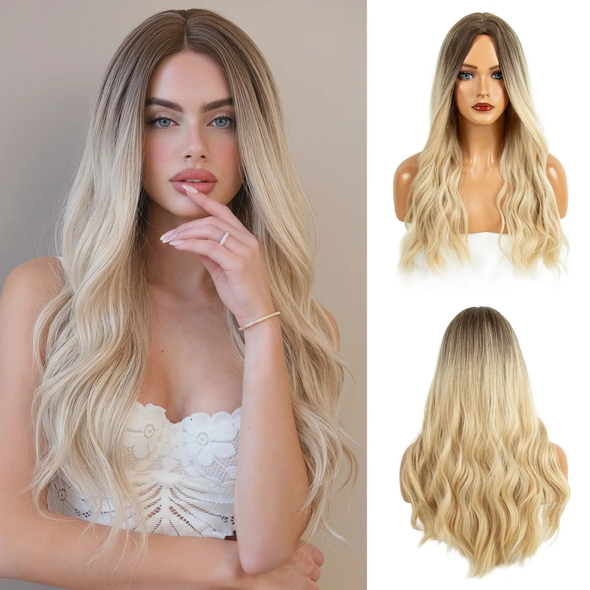 REEWES Ombre Blonde Long Black Wavy Synthetic Wig With Bang Daily Wear Anime Cosplay