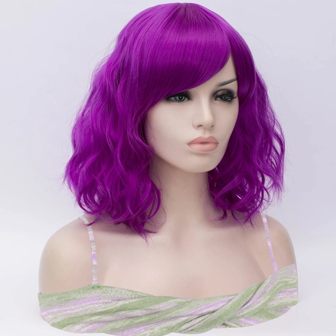 Short Purple Wavy Synthetic Wig With Side Bangs for Women Daily Cosplay Party Wear