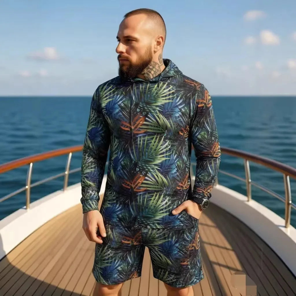 2026 New Camouflage Print Unisex Hooded Two Piece Set Long Sleeve Shirt Shorts Breathable Loose Summer Beach Streetwear Casual W