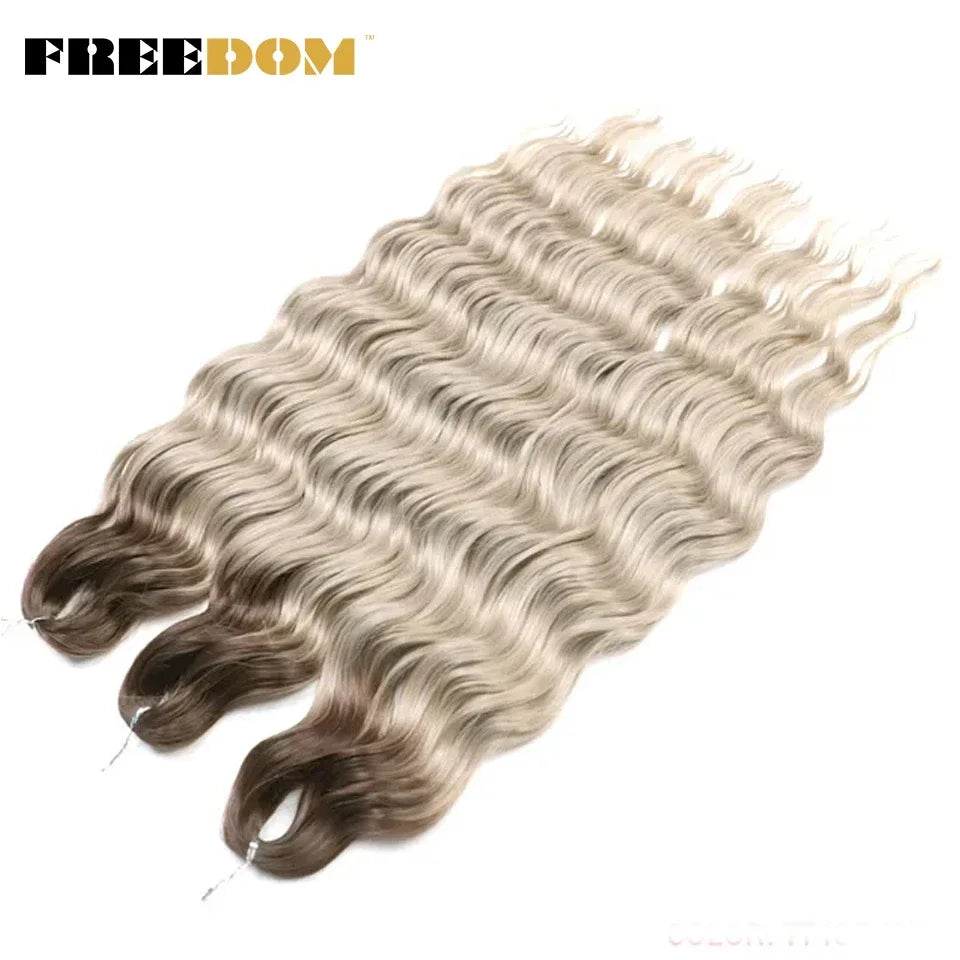 FREEDOM Synthetic Curly Braiding Hair Extensions 24 Inch/60 cm Long Deep Wavy Twist Crochet Braids Hair Ombre Brown Rainbow Hair