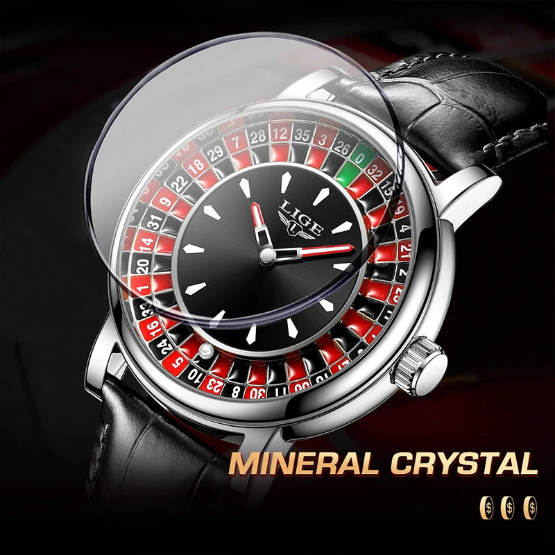 Lige Men's watches Featured Waterproof luminous quartz wristwatch Dial Las Vegas Roulette Table Desk Theme mens watch Reloj+BOX