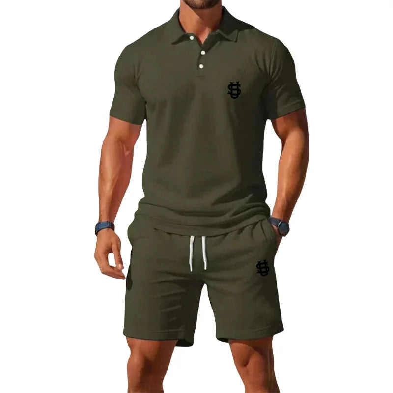 Men's summer sports outfit T-shirt top - two-piece set, including shorts, with a slim fit design and a gentleman's style