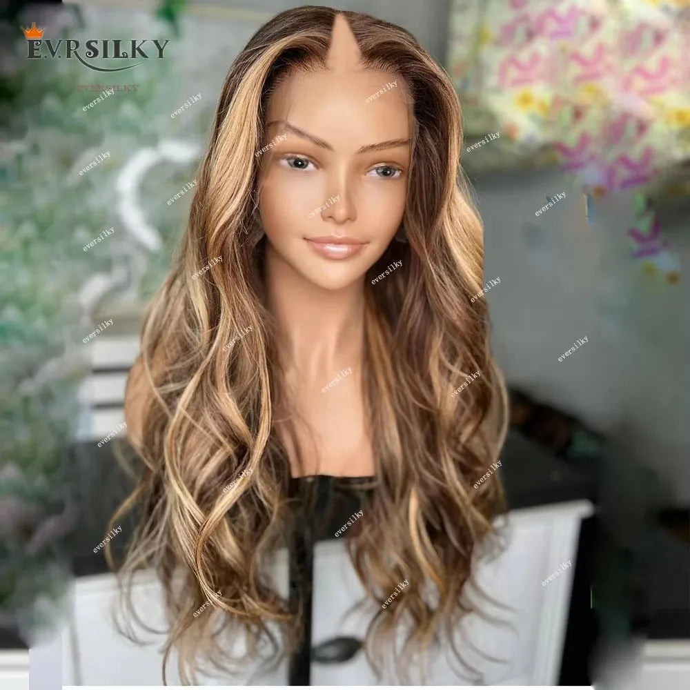 Highlights Honey Blonde Loose Wave V Part Wig 100% Human Hair Wig Ombre Chestnut Brown Body Wavy Cheap Full U Shape End 250%