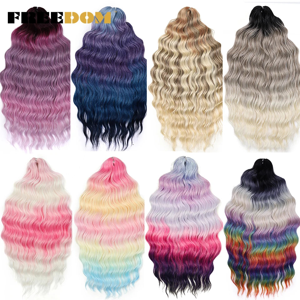FREEDOM Synthetic Curly Braiding Hair Extensions 24 Inch/60 cm Long Deep Wavy Twist Crochet Braids Hair Ombre Brown Rainbow Hair