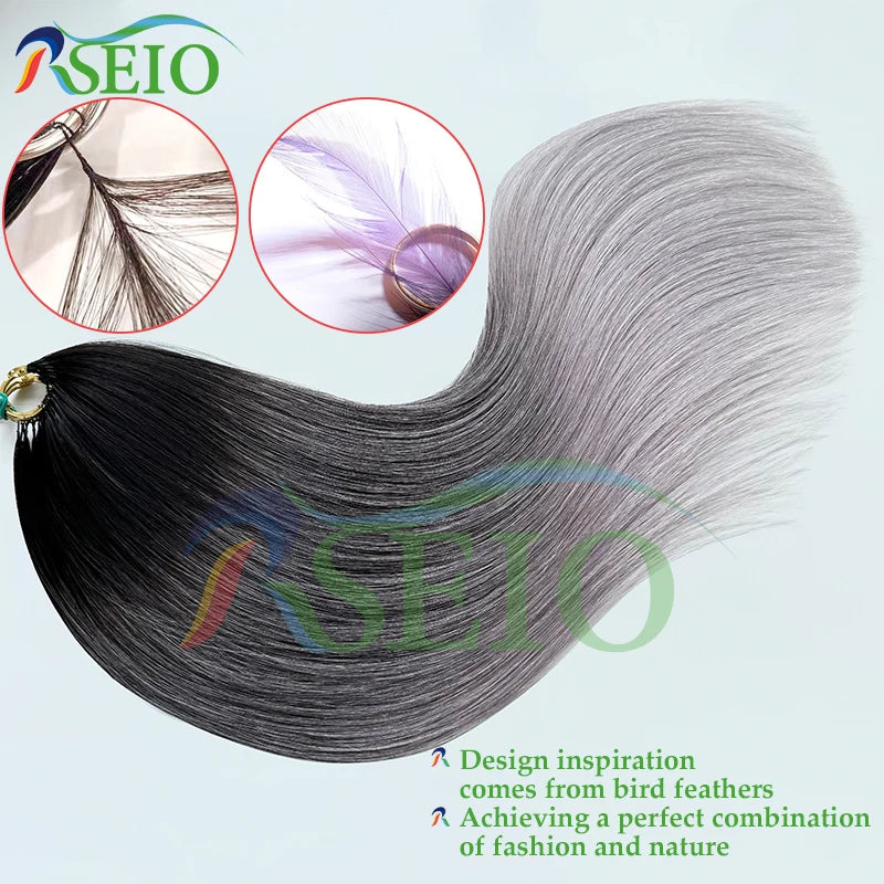 RESIO  Feather Hair Extensions Straight 100% Real Human Microring Hair Extensions Color Purple Blue Pink Gray 18-20inch