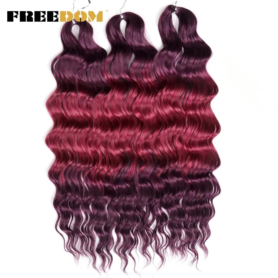 FREEDOM Synthetic Curly Braiding Hair Extensions 24 Inch/60 cm Long Deep Wavy Twist Crochet Braids Hair Ombre Brown Rainbow Hair