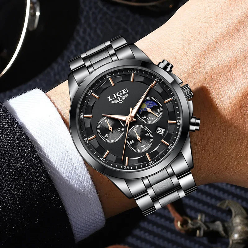 LIGE Luxury Fashion Quartz Man Watch Classic Business Auto Date Gentlemen Steel Band Moon Phase Waterproof Watches for Men Male
